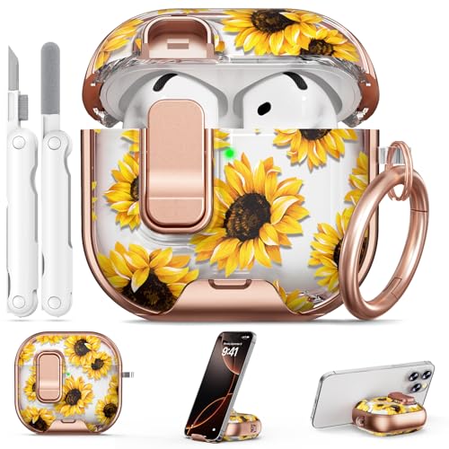 Image of for AirPods 4 Case, with Safty Lock & Phone Stand for Floral AirPods 4th Generation Case Cover for Women Girly, iPod 4 Case with Keychain & Cleaner Kit - Yellow Sunflower