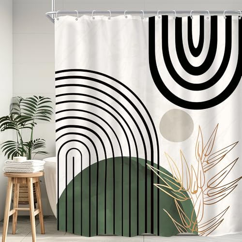 Abstract Boho Modern Green Gold Neutral Men Bathroom Shower Curtain Set