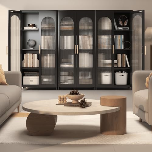 VASAAOSD Kitchen Pantry Storage Cabinets, Metal Sideboard Storage Cabinet with Glass Doors and Adjustable Shelves, Modern Furniture Pantry Cabinet for Kitchen, Living Room and Dining Room, Black