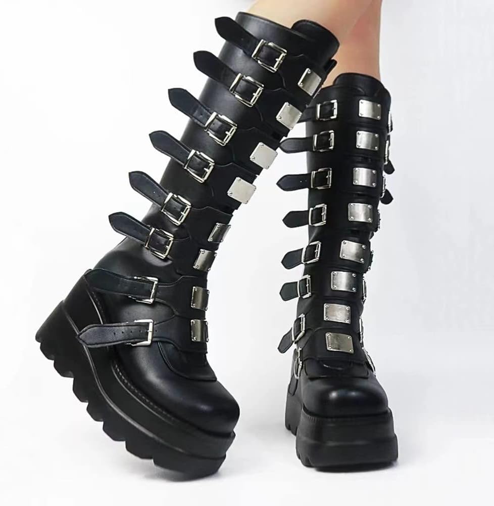 UOQAPRE Womens High Platform Mid Calf Wedges Chunky Booties Heel Round-Toe Side Zip Winter Punk Combat Boots For Women
