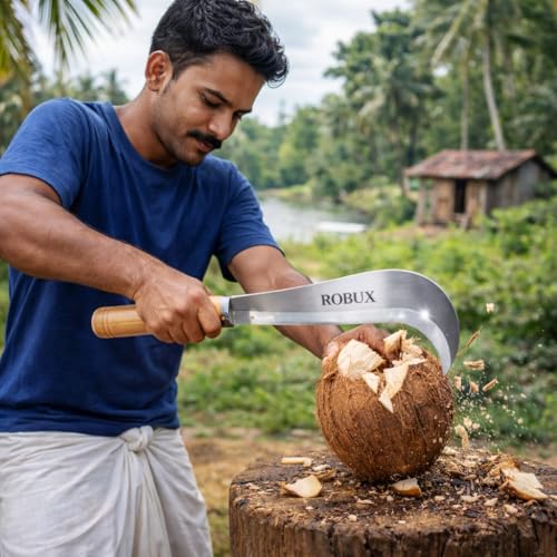 Image of ROBUX Handmade Suspension Billhook Knife | Traditional Agricultural Tool | High Carbon Steel Curved Blade with Wooden Handle | Coconut Cutter & Multipurpose Garden Tool