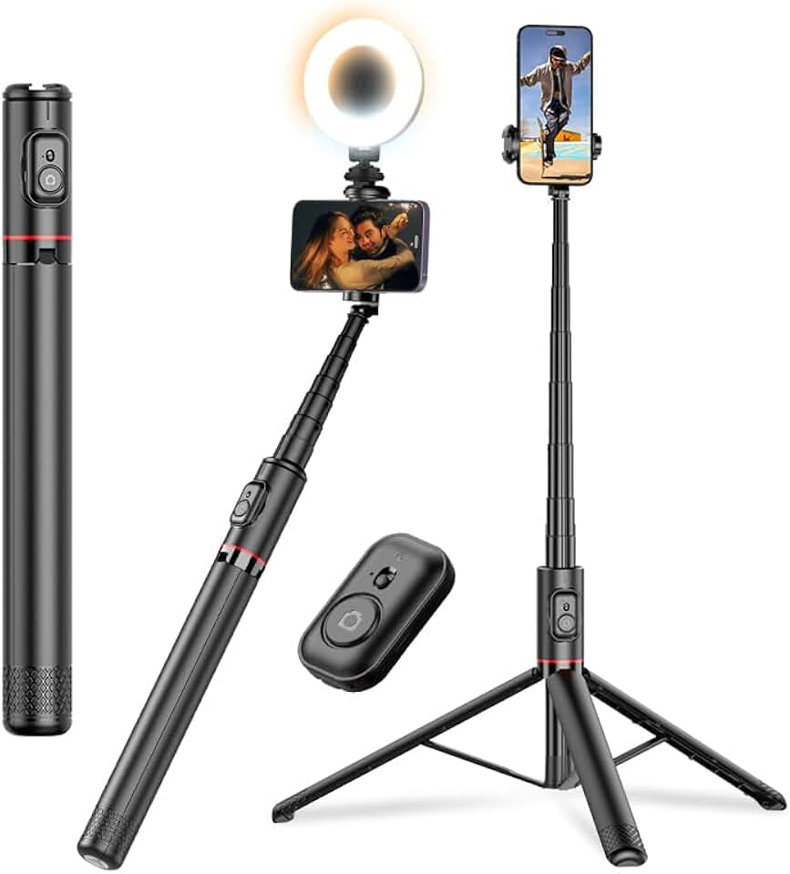 Tripé e Bastão de Selfie Multifuncional para Celular, Rotação 360°, Tripé de 183cm com Controle Remoto para Android e iPhone, Perfeito para Vlogs, YouTube e TikTok