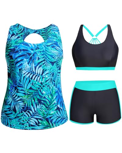 Image of Holipick Women Plus Size Swimsuits - Athletic 3 Piece Tankini with Shorts | Sports bikini top, high waist shorts, tank top, removable pads. Athletic style for water activties