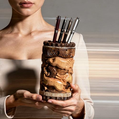 Image of Craft Trade 13x7 Cm Round Carved Wooden Pencil Pot Holder - Two Tone