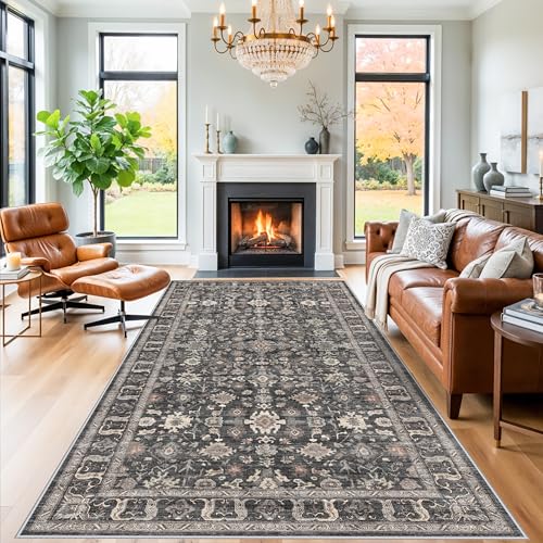 5x10 Wide Hallway Runner Rug: Washable 10ft Runners for Living Room Bedroom Kitchen - Stain Resistant Non Slip Soft Low Pile Vintage Floral Carpet (Dark Black Gray, 5X10)