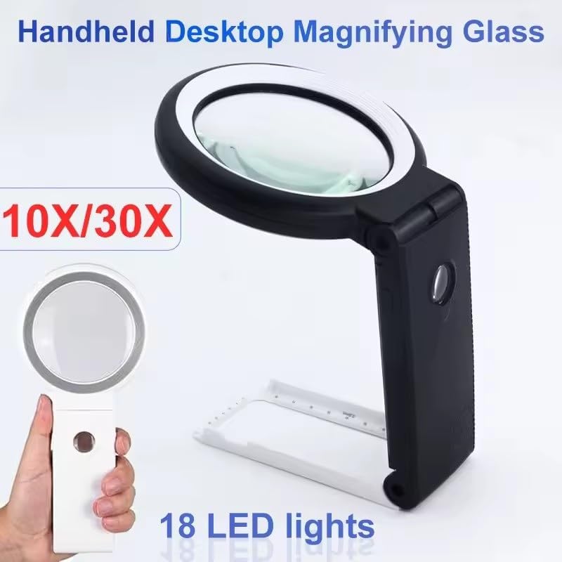 Portable Handheld Magnifying Glass with LED Lights Foldable Desktop Magnifier 10X/30X Reading