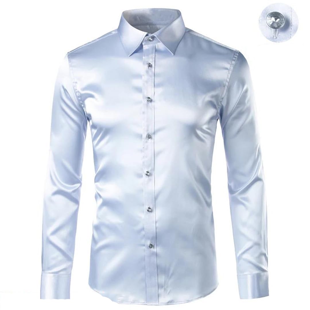 Suwequest Camicie da smoking senza pieghe in raso argento di lusso slim fit seta casual danza festa a maniche lunghe senza pieghe