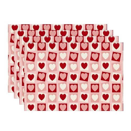 Artoid Mode Pink Love Hearts Valentine Placemats Set of 4, 12x18 Inch Anniversary Wedding Table Mats for Party Kitchen Dining Decoration