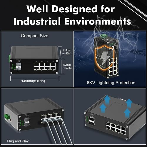 Image of Industrial Gigabit Managed Switch - 8 Ports 10 /100 /1000Mbps Web Management DIN Rail Ethernet Switch with 2 SFP Slots, Network Switch Support Ring Network, VLAN, STP /RSTP
