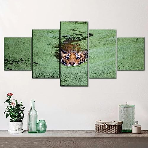 MentCh 5 Piece Wall Art Bedroom Aesthetic HD Art Prints and Posters Tiger in Algae Pond Living Room Wall Art 5 Panel Fine Print Wall Decor Hanging Picture Frames