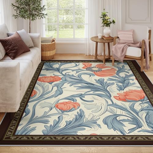 Tapis antidérapant lavable en machine bleu fleurs d'orange