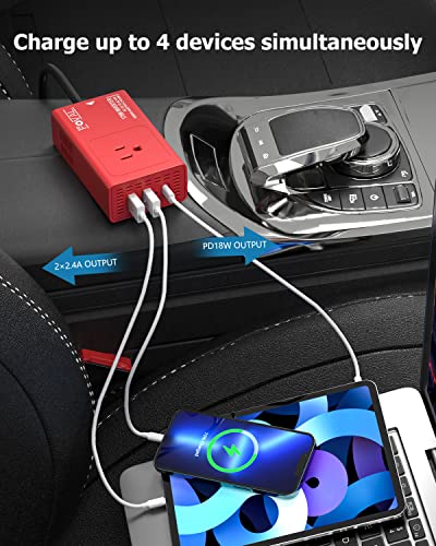 Foval 175W Car Power Inverter 12V Dc To 110V Ac Converter Vehicle Adapter Plug Outlet With [18W Pd Usb-C] Multi Usb Ports Car Charger For Laptop Computer #TOP2