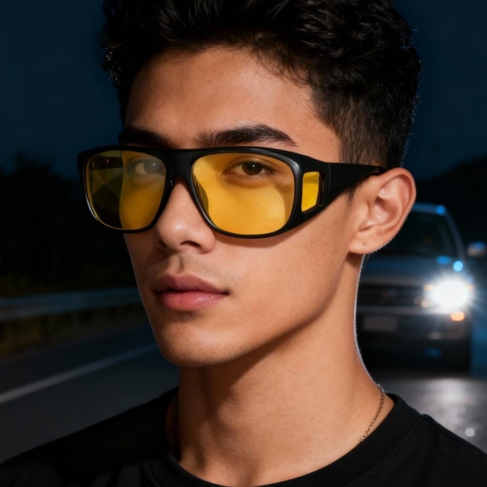 Blendschutzbrille Noxia Vision,Polarisierte, blendfreie Nachtfahrbrille für Herren und Damen - UV Schutz, leicht, mit Gelbfilter & Seitenschildern, Überbrille für Sehhilfen