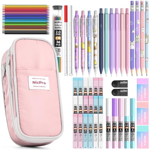 Nicpro 45PCS Aesthetic School Supplies with Pink Pen Case, Pastel Mechanical Pencils 0.5, 0.7, 0.9, 2mm with 462 PCS Lead Refills(4B 2B HB 2H 4H COLORS) Erasers For Student Writing Drawing
