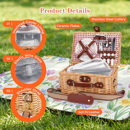 Jradse Premium Picknickkorb Set für 2 Personen, mit Kühlfach, Abnehmbarem Schultergurt, Tellern, Gläsern, Besteck, für Camping, Outdoor, Tagesausflüge, Strand, Wandern, Rot