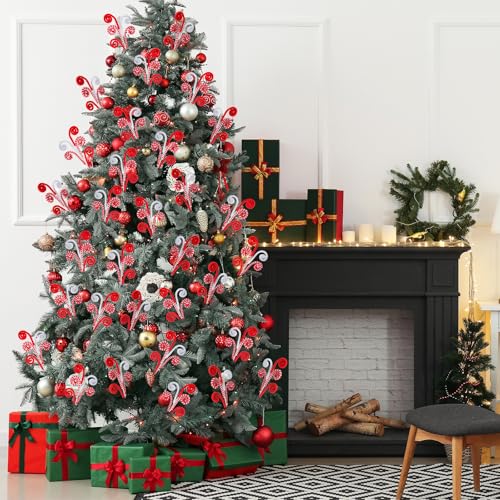 Solsew クリスマスツリーピック 14インチ ウールキャンディケーン カーリーピック クリスマスツリー トッパーデコレーション クリスマス装飾 花瓶フィラー クラフトリース ホリデーパーティーオーナメント (レッドとホワイト) 12個 [3]