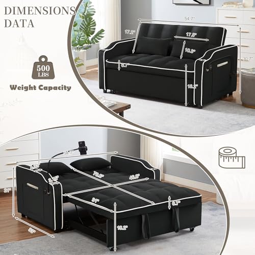 JEEOEHY 3 in 1 Convertible Sleeper Sofa Bed,Velvet Pull Out Couch Bed w USB&Type C Port,Comfy Futon Loveseat w Adjustable Backrest&Phone Stand&Cup Holder for Living Room Apartment Small Space(Black)