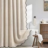 XOGUIBO Linen Shower Curtain Beige Cute Black Scalloped Boho Modern Shower Curtains for Bathroom Set, 72" W x 72" L