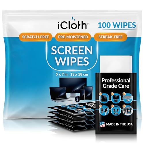 iCloth Large Screen Cleaning Wipes for Electronics Lint-Free and Streak-Free Fast-Drying Removes Dust Fingerprints and Smudges (100 Wipes)
