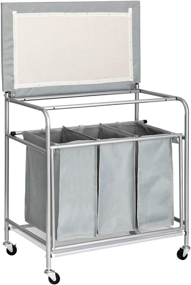 HollyHOME Laundry Sorter Cart with with Side Pull 3-Bag Ironing Board Heavy-Duty 4 Wheels Laundry Hamper Grey