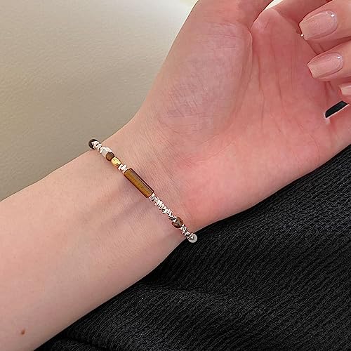 Bracelet en Argent 925 authentique et perles d'Oeil de Tigre marron