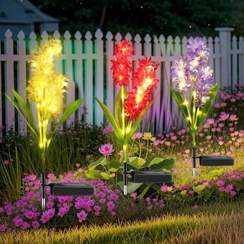 YWYWLED Solar Flower Lights, Solar Garden Lights with Larger Solar Panel, 7 Color Changing Solar Lights Outdoor Decorative for Patio, Yard, Garden (3 Pack Hyacinth Flower Lights) Cover