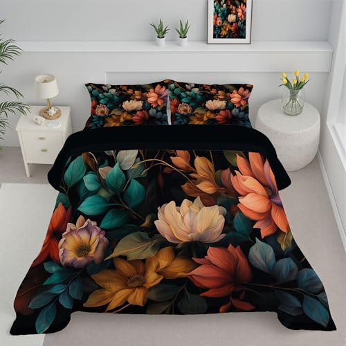 JEDTAKCT Bettdecke 140X200Cm 4 Jahreszeiten, Türkis Verträumte Blumen Wende Steppdecke 140X200Cm Ganzjahresdecke Bettdecken, Barockstile Pflanzen Schlafdecke Waschbar Zudecke Mit Kissenbezug