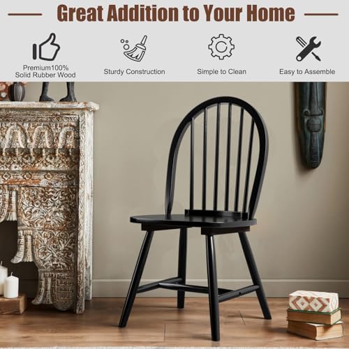 Image of COSTWAY Windsor Dining Chairs Set of 4, Mid-Century Modern Wood Chairs w /Spindle Back & Reinforced H-Shaped Legs, Farmhouse Armless Kitchen Chair for Living Dining Room, Restaurant (Black)