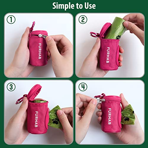 Image of FURHAB Dog Poop Bag Holder for Leash Doggie Waste Bag Dispenser Soft Fabric Puppy Potty Carrier Small Doggy Zipper Pouch with Carabiner Clip 1680D Nylon Oxford with 1 Roll of Pet Trash Bags, Rose Red