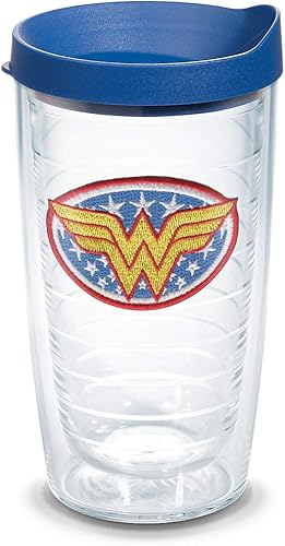 Tervis 1084001 Wonder Woman - Vaso con emblema y tapa azul, 16 onzas, transparente