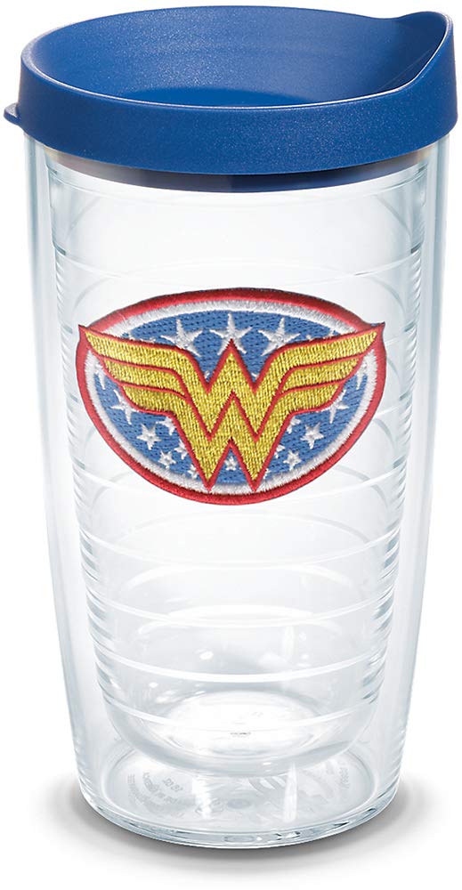 Tervis DC Comics Wonder Woman Emblem, hergestellt in den USA, doppelwandig, isoliert, Reisebecher, hält Getränke kalt und heiß, 473 ml, blauer Deckel
