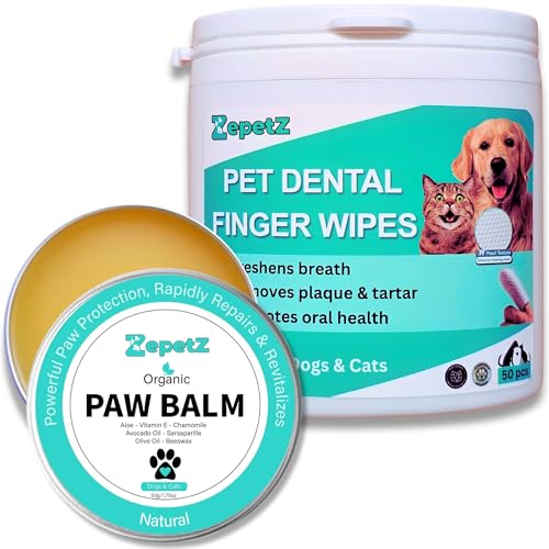 ZepetZ Pet Care Bundle for Dogs & Cats – 2-in-1 Paw & Nose Balm (1.75oz) + Dental Finger Wipes (50pcs) | Heals, Moisturizes & Soothes | Freshens Breath, Reduces Plaque & Tartar | Organic & Natural