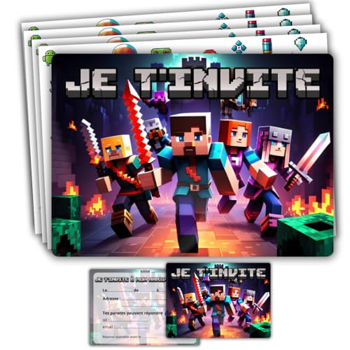 Roxisha – Lote de 10 cartões de convite para aniversário, tema Minecraft envelope, para menino e adolescente, cartão postal, 10,4 x 14,8 cm, pré-carregados em francês, ideal para festa e lanche de
