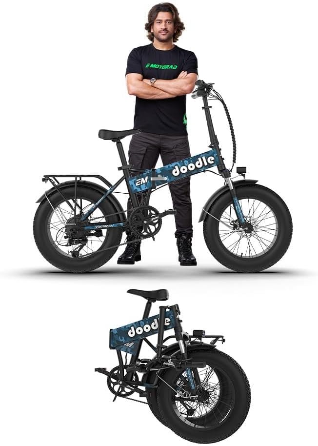 EMotorad Doodle Pro Fat-Tire Foldable Electric Mountain Bike – 250W Rear Hub Motor, 12.75Ah Removable Li-ion Battery, C6+ Display, Front/Rear Lights with Side Indicators (Doodle Pro, Military Blue)
