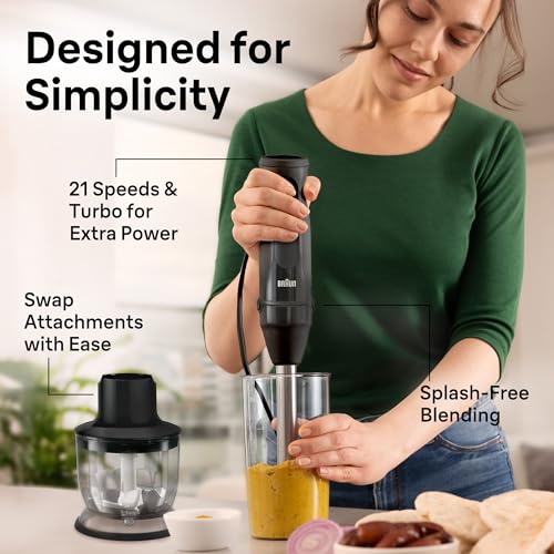 Image of Braun MQ50202M MultiQuick Vario 5 Handheld Blender - 21-Speed Stick with Turbo Boost, Stainless Steel Blades, EasyClick System, 500W, Chopper, Whisk, Masher - Immersion Blender for Smoothies