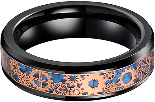 Miniatura 2 de Anillo de tungsteno de 6 mm y 8 mm color negro, plateado, rojo y azul para hombres y mujeres, anillos de matrimonio estilo Steampunk con engranes,