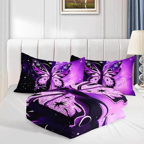 Image of AILONEN Girls Purple Butterfly Comforter Full Size with 2 Pillowcases,Galaxy Theme Bedding Set 3Pcs for All Season,Moon and Stars Quilt Set for Home Decor