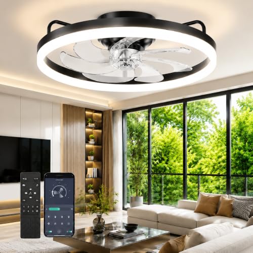 Image of Ceiling Fans with Lights and Remote, 20 inch Low Profile Flush Mount Ceiling Fan with 7 Blades, 6 Speeds, 3CCT Dimmable LED Fan Light (3000K-6500K), Modern Fandelier Ceiling Fans for Bedroom
