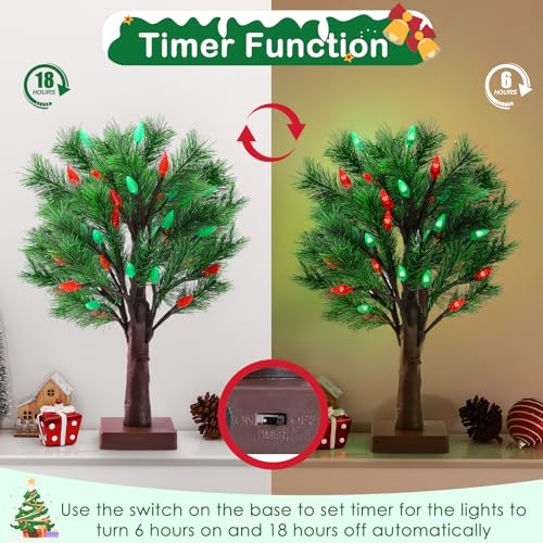 2 Pack Christmas Decorations Indoor Artificial Lighted Christmas Tree with C6 Strawberry,Total 48 LED Battery/USB Operated Pine Tree for Tabletop Fireplace Harvest Home Indoor Xmas Decor (Green) — view 4