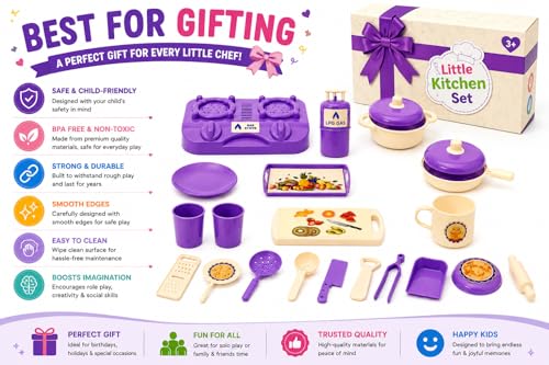 Image of Aditi Toys Kitchen Fresh Cook Set Bag for Kids, Pretend Play Cooking Toy with Mini Utensils & Gas Stove, Cylinder, Frying pan, Serving Tray, Kitchen Role Play Toy Set for Kids Age 3+ (Purple)