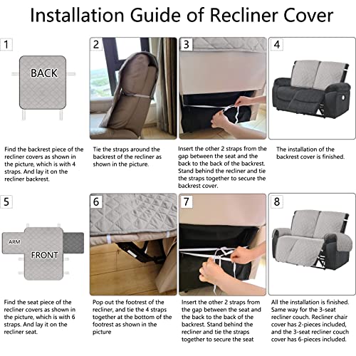 Hdcaxkj Loveseat Recliner Cover 4-Pieces Anti Slip Double Recliner Sofa Covers 2 Seat Water Repellent Reclining Love-Seat Slipcover Quilted Couch Cover Pet Dog Furniture Protector (2 Seat, Light Gray) #TOP6