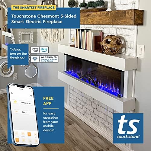 Touchstone Chesmont Smart Electric Fireplace- Wall Hanging Fireplace with 50" Wide White Floating Mantle- Alexa/WiFi Enabled-10 Color-1,500W Heater- Crystals & Driftwood-Model 80033