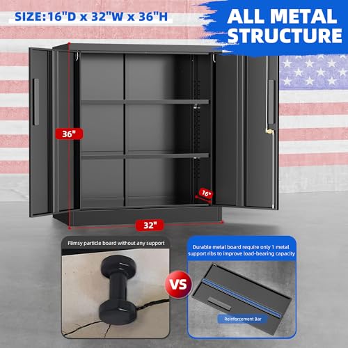 Pataku Metal Storage Cabinet, Garage Cabinet with Doors and Shelves 36\" Hx32 Wx16 D, Steel Lockable File Cabinets for Office, Home, Garage, Basement, Industrial, Black