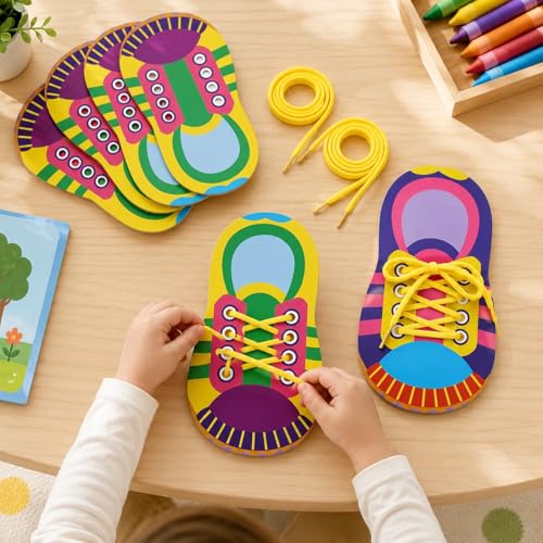 Image of LUOZZY 10 Sets Shoe Trying Practice for Kids Shoelace Threading Teaching Toys Learn to Tie Shoelaces Toy Fine Motor Skills Toy Threading Game for Kids, Random Color