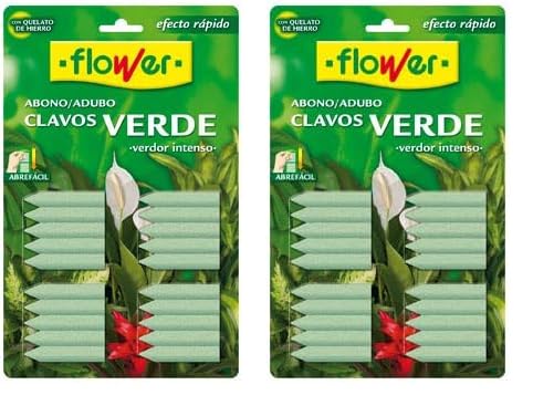 Flower - Abono Clavos Verde | Fertilizante Universal para Plantas Verdes de Interior | Con Quelato de Hierro | Liberación Gradual de Nutrientes | Ideal para Orquídeas y Kikuyu (Paquete de 2)