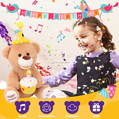 Hopearl Adorable Happy Birthday Teddy Bear With Glowing Cupcake Musical Stuffed Animal Bear Singing And Shaking Plush Toy Interactive Animated Kids Gift, Brown, 15’’ #TOP5