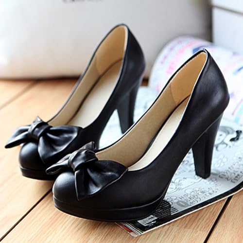 Asterisco Women Block Heel Pumps with Platform Bows High Heel Shoes Round Toe Slip On Elegant Heels, Size 2-12.53