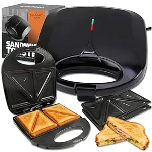 KRUMAD Sandwich Maker – 1000W Sandwich Toaster 2 Scheiben mit Antihaftbeschichtung, Wärmeisoliertem Griff & Kontrollleuchten – Kompakter Toaster für knusprige Sandwiches & Toasts