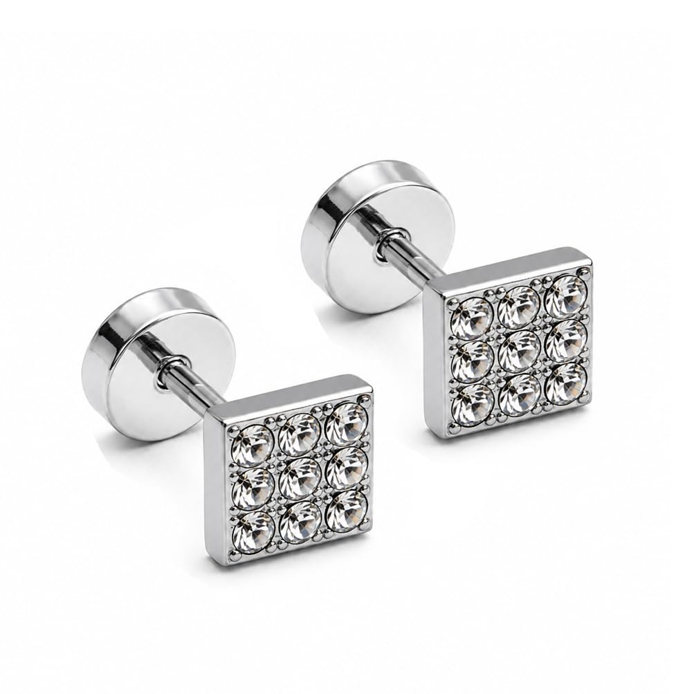 Pack of 2 Men Silver Square Ear Earrings & Studs with Shiny Crystal Stones, Durable Finish for Casual & Wear-image-32