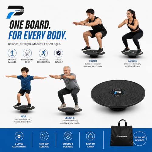 Image of Adjustable Balance Board for Core Training & Fitness - 17x17 Wobble Board with Anti-Slip Rubber Base & Carry Case, Black - Exercise Equipment for Stability, Physical Therapy & Workout